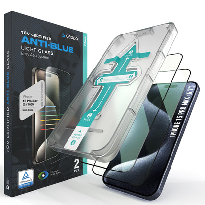 Deppa |2 Pack| Anti-Blue Light Screen Protector for iPhone 15 Pro Max (6.7") | Scratch Resistant Tempered Glass | 3D Edge to Edge Coverage | Easy Installation Kit | Eye Safeguard TÜV Certified