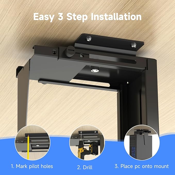 Suptek Adjustable Under Desk and Wall PC Mount,3.94 to 11.61 inch Wide Computer Case CPU Hanger Holder 360 Degree Rotatable Under-Desk PC Hanging Stand Holder Mount (ZJJ001L)