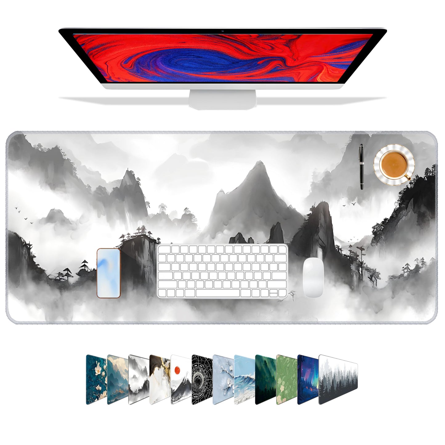 Galdas Mouse Pad for Gaming,XXL XL Large Mouse Mat Long Extended Mousepad Desk Mat Non-Slip Rubber Mice Pads Stitched Edges Thin,Black Ink Background (31.5 x 11.8 x 0.12 Inches)