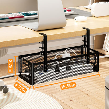 Under Desk Cable Management Tray, 15.7'' No Drill Steel Desk Cable Organizers, Wire Management Tray Cable Management Rack (1 Pack-Black)