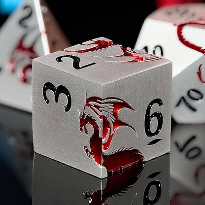 Metal Dice Set D&D, HNCCESG Polyhedral Dice 7 Piece Dice Dragon Metallic DND Dice Set for Dungeons and Dragon RPG Tabletop Game(Matte Silver Red Dragon)