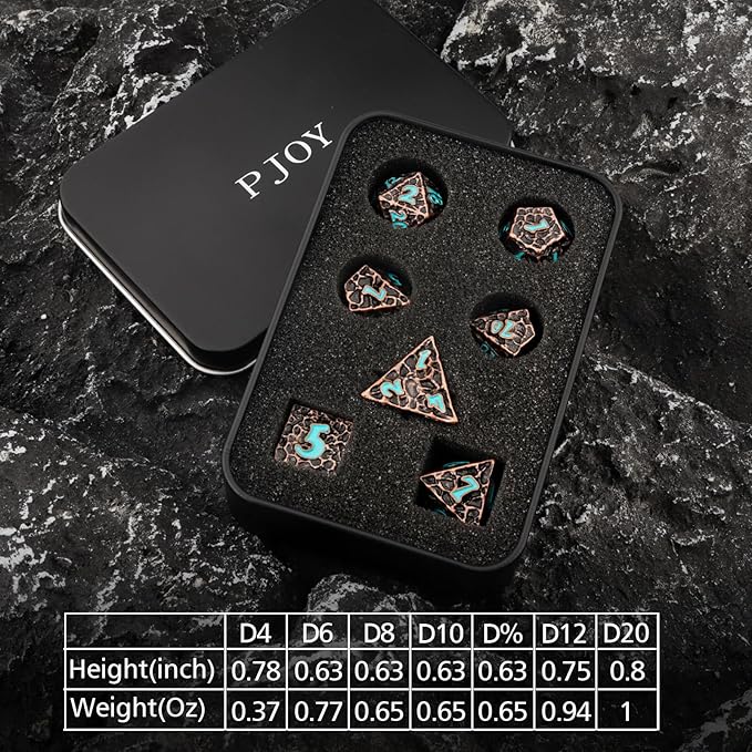 PJOY Metal D&D Dice Set for Dungeons and Dragons Dice with Case Meteorite Copper Blue Numbers 16mm 7PCS Role Playing Cool Dice DND Gifts for Players DM Game Masters