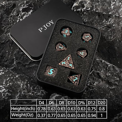 PJOY Metal D&D Dice Set for Dungeons and Dragons Dice with Case Meteorite Copper Blue Numbers 16mm 7PCS Role Playing Cool Dice DND Gifts for Players DM Game Masters