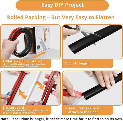 12ft Cord Cover Floor for Extension Cords, Self-Adhesive Floor Cable Cover to Protect Cables & Prevent Tripping, PVC Cord Hider Protector, Internal Wire Management Channel Diameter: 0.39", Black