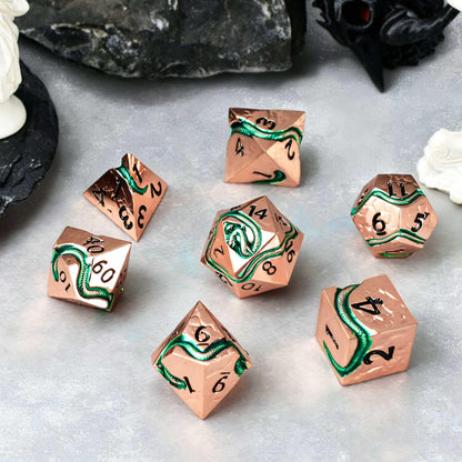 RULE DICE Serpent's Embrace Metal DND Dice Set - 7pc Polyhedral D&D Dice for TTRPGs Like Dungeons and Dragons and Pathfinder - Emerald Green Snake Design, Heavy & Balanced for Tabletop Gaming