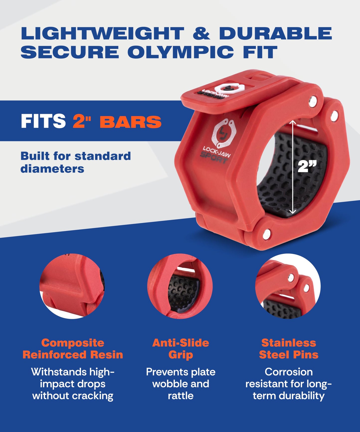 Lock-Jaw Barbell Collars Sport Olympic Barbell Clamps 2 Pcs – Heavy Duty Bar Clamps for 2” & 50mm Olympic Bars – Secure Weight Bar Clamps for Strength Training & Home Gym Accessories – Red