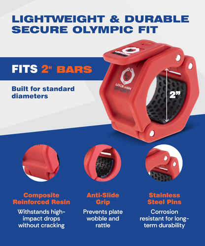 Lock-Jaw Barbell Collars Sport Olympic Barbell Clamps 2 Pcs – Heavy Duty Bar Clamps for 2” & 50mm Olympic Bars – Secure Weight Bar Clamps for Strength Training & Home Gym Accessories – Red