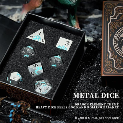 Blue Dragon Metal DND Dice Set,HNCCESG Cool D&D Dice Set of 7 Piece,Dungeons and Dragon Gift Dice, Role Playing Dice for D&D Table Games（(Matte Silver Blue2 Dragon)
