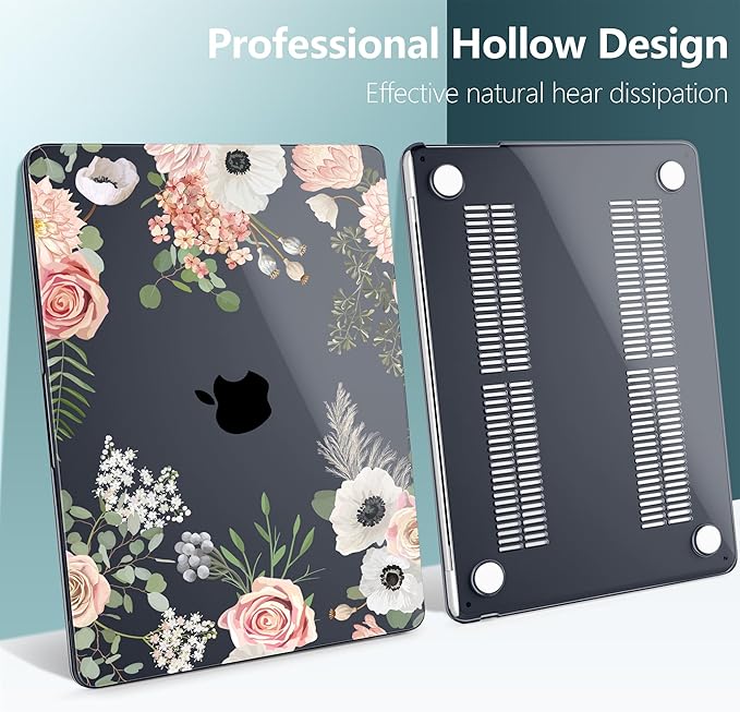 TWOLSKOO Compatible with M4 MacBook Air 15 inch Case 2025-2023 Released Model M4 A3241 M3 A3114 M2 A2941, Plastic Hard Shell & Screen Protector & Keyboard Cover & Type C Adapter, Rose Flower