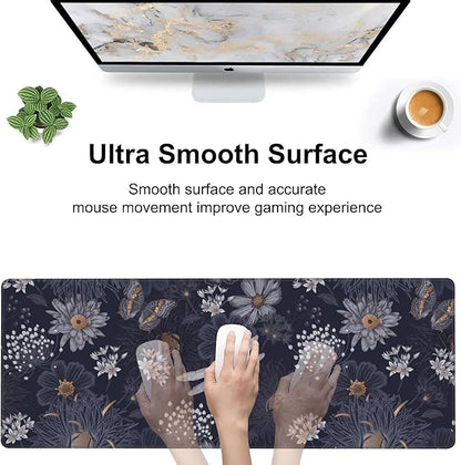 Wildflowers and Insects Desk Mat,Large Cute Flowers Butterflies and Dragonflies Gaming Keyboard Mouse Pad,Non-Slip Rubber Base Desk Pad Thick Stitched Edges Waterproof Mousepad Mouse Mat 31.5"x11.8"