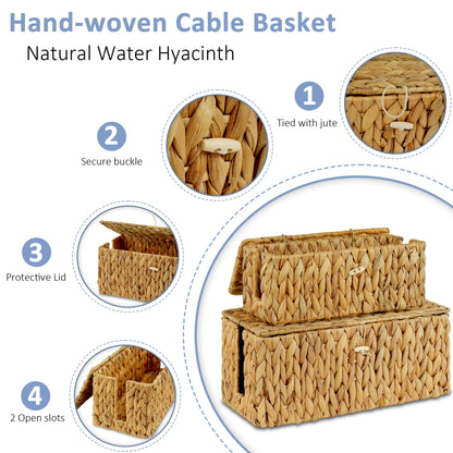 efluky 2 Pack Water Hyacinth Floor Cord Covers with Lid, Hand-woven Cable Management Box, 2 Open Slots Cord Box to to Hide USB Wire, Power Strip & Charger for Home & Office and Dorm, Natural