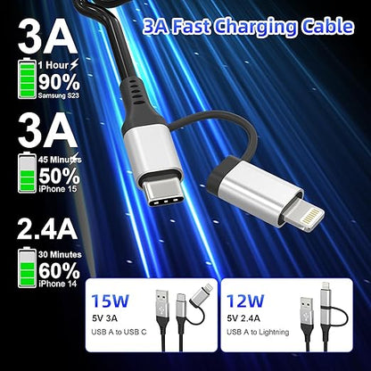 USB to USB-C and Lightning Cable 2 in 1 Coiled Cable Support Aple Carplay & Android Auto [MFi & 3A Fast Charge & Data Sync] Coiled Lightning and USB C Cable for iPhone 17/16/15/14/13/Android, Silver
