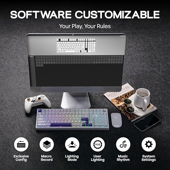 EPOMAKER Galaxy100 QMK/VIA Wireless Mechanical Keyboard with 8000mAh Battery and Numpad, CNC Aluminum, Full Size Gaming Keyboard, USB-C/BT5.0/2.4Ghz (White Purple, Marble White Switch)