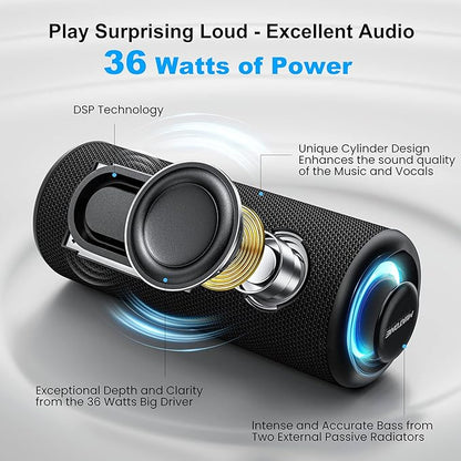 MIATONE Bluetooth Speakers 36W Portable Speaker with Stereo Sound Bass, Bluetooth 5.3 Wireless USB Type C Outdoor, 5000mAh 24H Playtime IPX7 Waterproof, Boy Friend Gifts for him (Black)