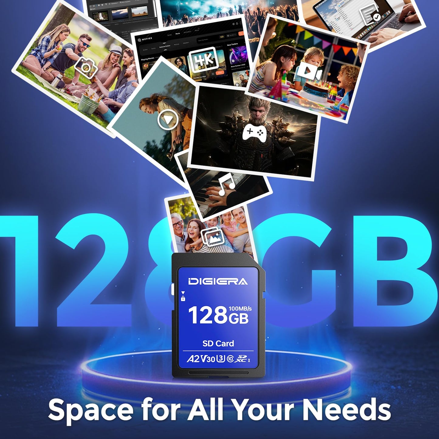 DIGIERA 128GB CS100 SDXC UHS-I Memory Card - up to 100MB/s, C10, U3, V30, 4K UHD, SD Card for Computers, Digital Cameras, Home Theatre Devices, Car Navigation Systems (1 Pack)