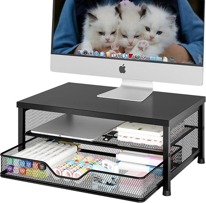 Desk Organizers and Accessories, 2-Tier Computer Monitor Stand Riser with Drawer, Laptop Stand, Office Desk Accessories, Workspace Desktop Organizer for Office Supplies, Black