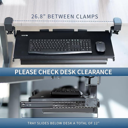 VIVO Large Height Adjustable Clamp-on Keyboard Tray, Extra Sturdy Pull Out Platform with Storage Drawer, 27 (33 Including Clamps) x 11 inch Slide-Out Tray with Organizer, Black, MOUNT-KB05HB-DR