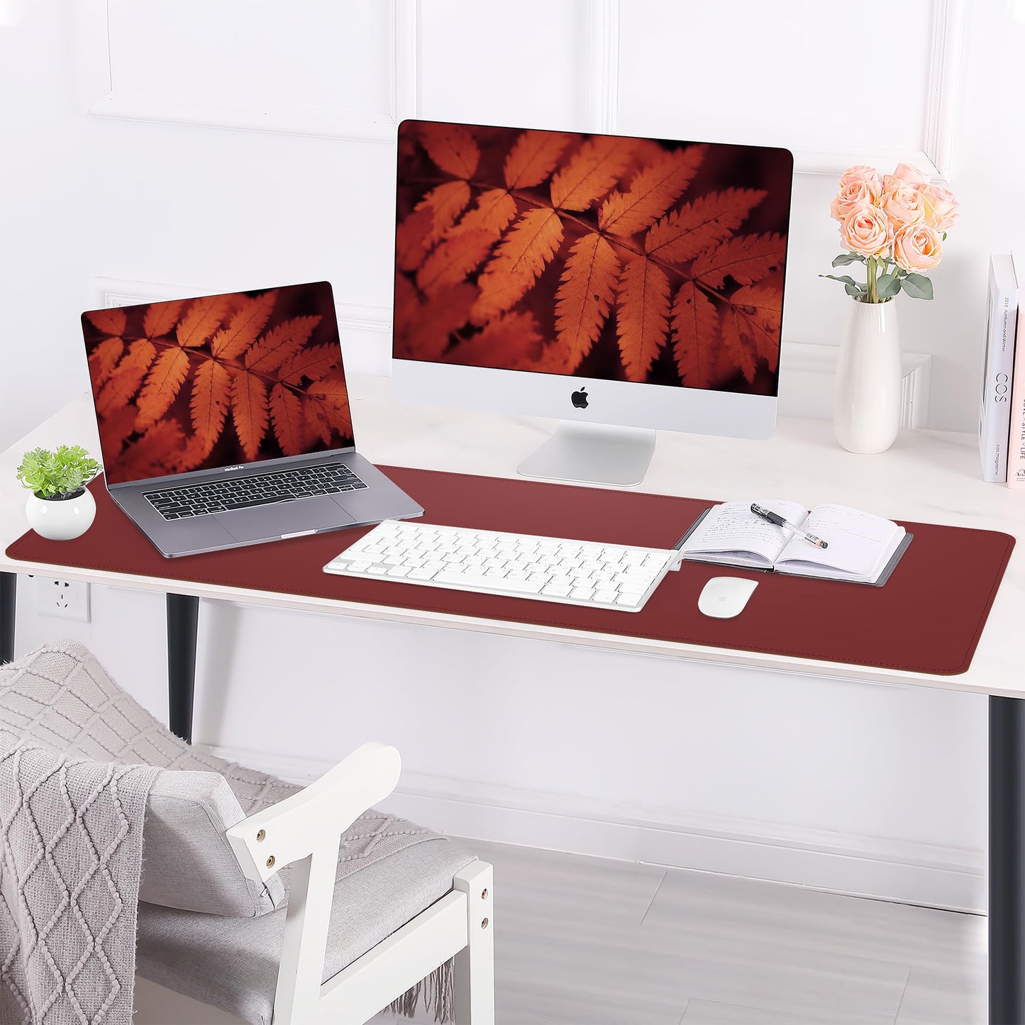 AFIING Leahter Desk Pad 47" x 17", Red,Desk Cover mat