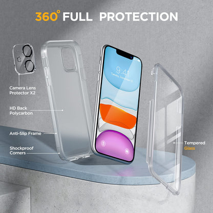 Miracase Glass Series for iPhone 11 Case 6.1 inch, Upgraded Full-Body Rugged Phone Bumper Case Cover with Built-in 9H Tempered Glass Screen Protector and Camera Protector, Matte Clear