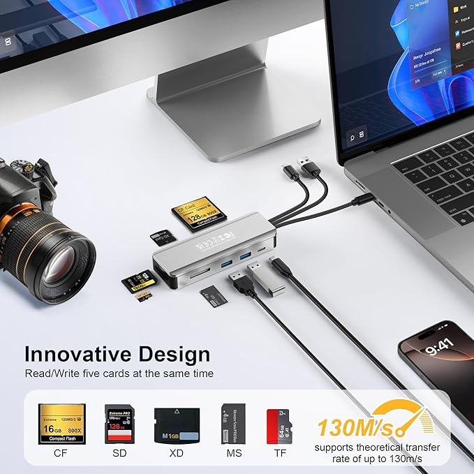 8in1 SD Card Reader,Aluminum Multi Memory Card Carrying Box SD/TF/CF/MS/XD/USB3.0 * 2 Port Card Reader Adapter for Phone/Pad/PC/Laptop/USB C and USB A Devices,No Application Required Plug and Play