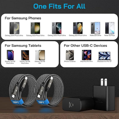 45W Super Fast Charger USB C, 45 Watt Type-C Android Phone Charger Fast Charging Block with 12FT Type C Cords for Samsung Galaxy S25 Ultra/S24 Ultra/S24+/S23 Ultra/S23+/S22 Plus/S20, Tab S9/S8 Ultra
