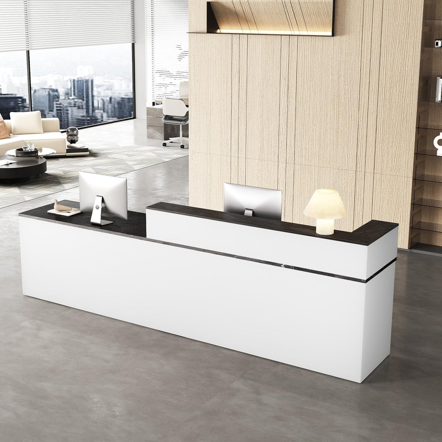 Nuipesn 71" Modern Reception Desk with Counter, Lockable Drawer, Keyboard Tray & Cable Grommet, Left Layout, White + Black