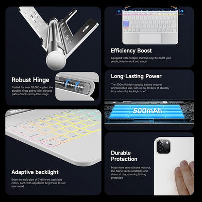 HOU Keyboard Case for iPad Pro 13 inch Case 2024 with Keyboard (M4), iPad Pro 13 inch Keyboard with Multi-Touch Trackpad, 7 Colors Backlight, Easy-Set Magnetic Stand Bluetooth Keyboard-White