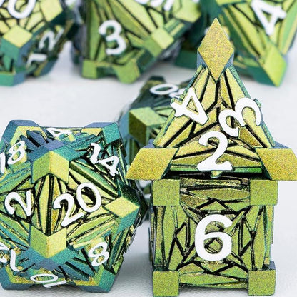 7PCS Metal DND Dice Set with Box, Debris RPG Green Yellow D and D Dice for use with D&D Tabletop Games Role Playing Game Polyhedral Dice Set D20 D12 D10 D8 D6 D4