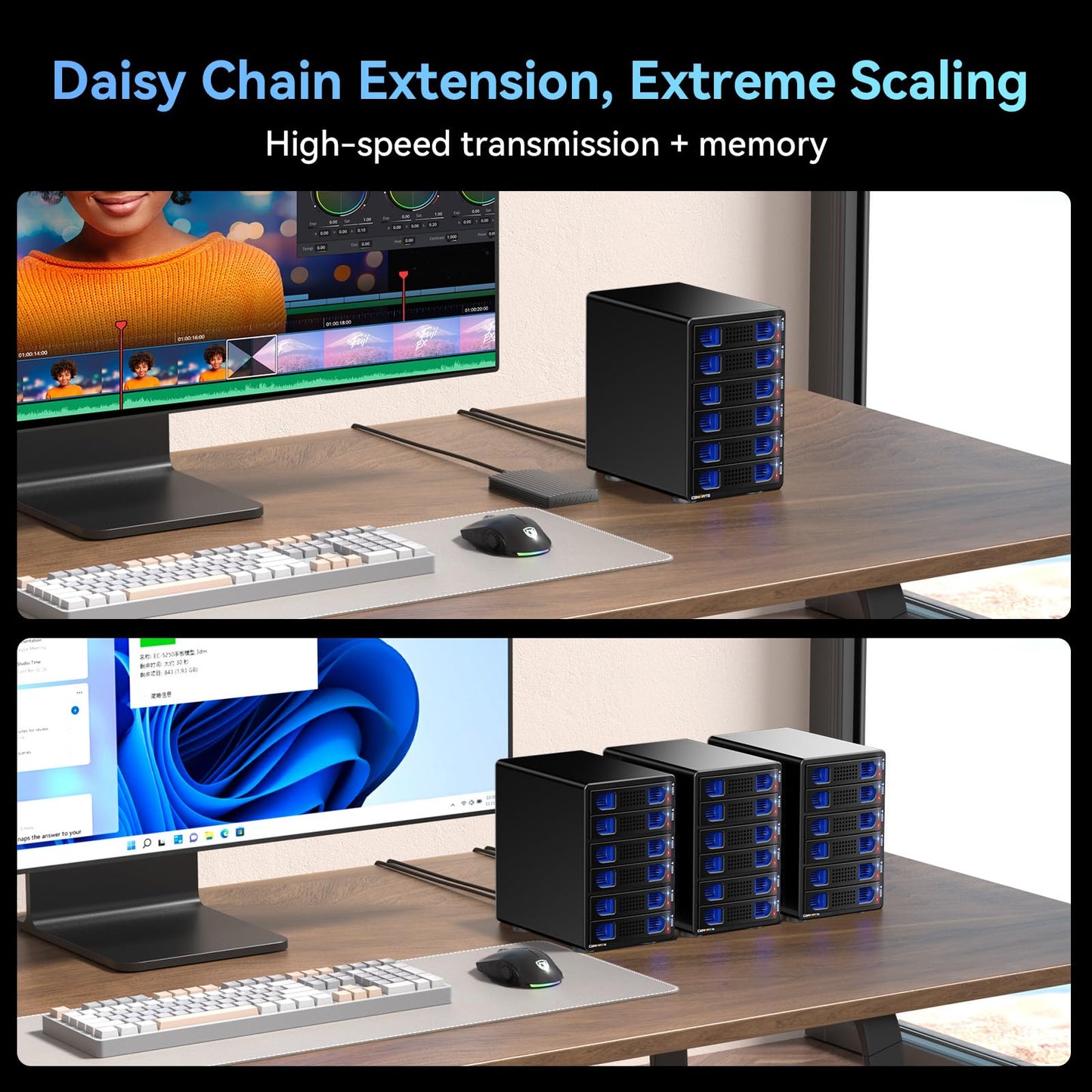 CENMATE Aluminum 6 Bay 10Gbps HDD Enclosure with Cooling Fan for 2.5“/3.5" SATA HDD/SSD with USB A/C 3.2 Gen 2, Support Hot Swappable, Tool-Free Hard Drive Enclosure