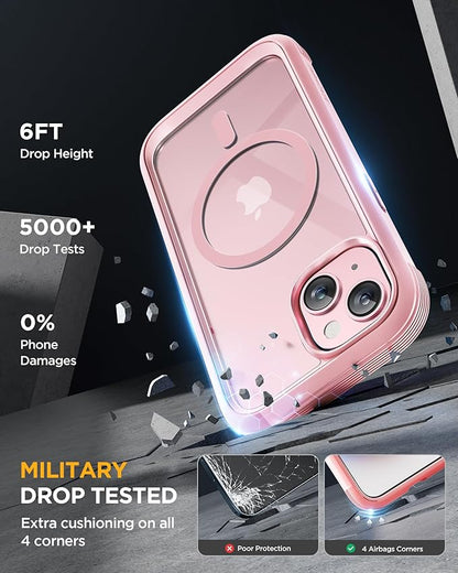 Miracase Glass Series for iPhone 15 Case [Compatible with MagSafe] Full-Body Magnetic Case with Built-in 9H Tempered Glass Anti-Fingerprint Screen Protector + Camera Lens Protector, Pink and Clear