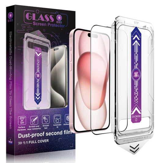 SHANG PIN JIA 2 Pack Screen Protector Tempered Glass for iPhone 16 for iPhone 15 for iPhone 14 Pro 6.1-Inch Auto Dust Removal, No Bubbles, High Definition Clear, Easy Installation