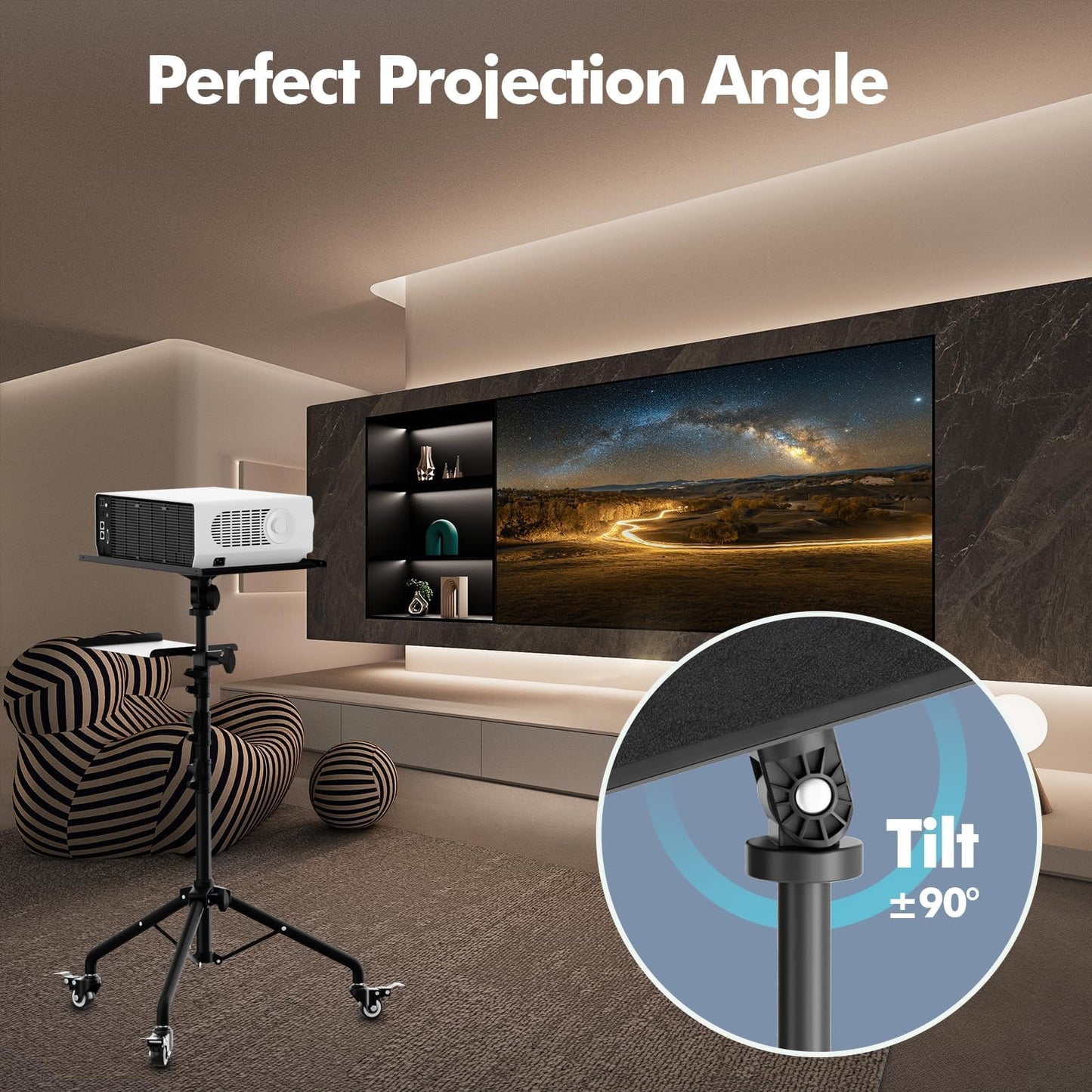 OUKMIC Projector Stand Tripod Laptop Tripod on Wheels with 2 Shelves