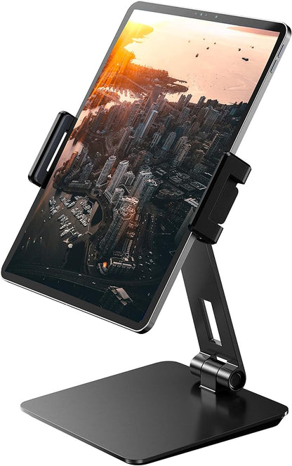 Maxonar iPad Stand Holder, Heavy-Duty Aluminum Alloy Tablet Stand, 360° Swivel Foldable iPad Pro Air Charging Stand Holder for Desk Bed Store POS Showcase Reception Kitchen Office (6-13''), Grey