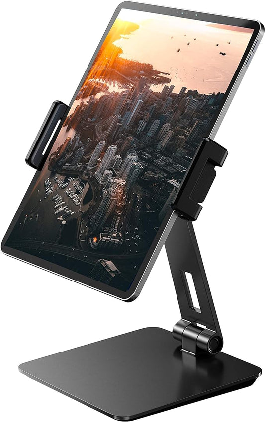 Maxonar iPad Stand Holder, Heavy-Duty Aluminum Alloy Tablet Stand, 360° Swivel Foldable iPad Pro Air Charging Stand Holder for Desk Bed Store POS Showcase Reception Kitchen Office (6-13''), Grey