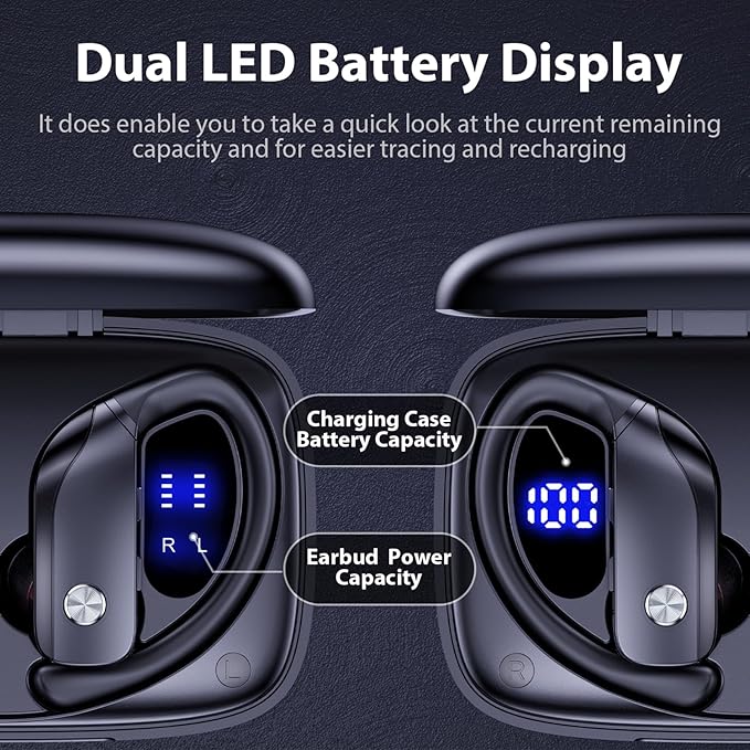 bmanl Wireless Earbuds Bluetooth Headphones Over Ear Hooks Ear Buds with 80H Playtime, LED Power Display, Dual Mic Clear Calls, Sports Wireless Ear Buds Bluetooth Earbuds for Running Gym Workout Black