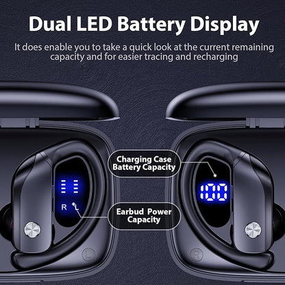 bmanl Wireless Earbuds Bluetooth Headphones Over Ear Hooks Ear Buds with 80H Playtime, LED Power Display, Dual Mic Clear Calls, Sports Wireless Ear Buds Bluetooth Earbuds for Running Gym Workout Black