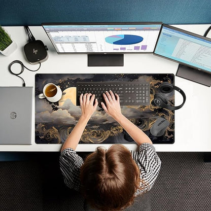 Golden Moon Desk Pad Black Desk Mat XXL Mouse Gaming Pads, Starry Sky Keyboard Pads Extra Large Desktop Computer Mats with Non-Slip Base & Stitched Edges, Vintage Office Decor 31.5" x 15.7"