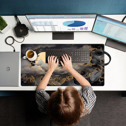 DKPXFG Golden Moon Desk Pad Black Desk Mat XXL Mouse Gaming Pads, Starry Sky Keyboard Pads Extra Large Desktop Computer Mats with Non-Slip Base & Stitched Edges, Vintage Office Decor 31.5" x 15.7"