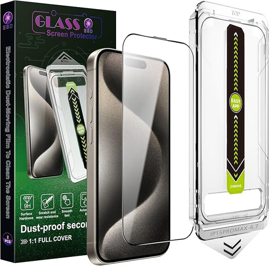 SY SHANGYAN 2 Pack Ultra HD Clear Screen Protector for iPhone 15 Pro Max (6.7-Inch),9H Tempered Glass,Full Coverage,Anti-Fingerprint,Auto Dust Removal,Bubble-Free,Easy Installation