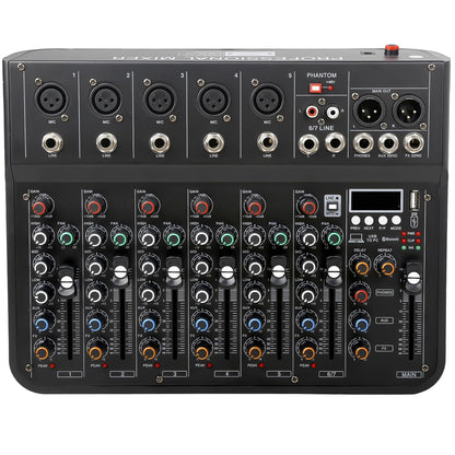 Jindaaudio 7 Channel mixer, DJ Mixer Board, Audio Sound Card with Interface Recording and 48V Phantom Power, Sounds Mixer Board with FX Reverb Delay Effect for Streaming