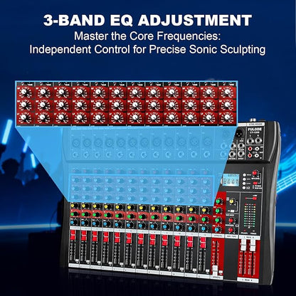 12 Channel Audio Mixer, Professional Music Mixer Board DJ Mixing Console with Bluetooth, USB/MP3 Player, Reverb, and 48V Phantom Power for Studio Recording, Karaoke, and Live Performances