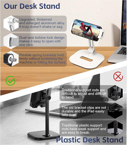 Tablet Stand Universal Holder for 4.9" - 12.9" Devices, 360° Rotating Security Stand for iPad, iPad Air, Samsung, Height Adjustable Foldable Table Top (White)