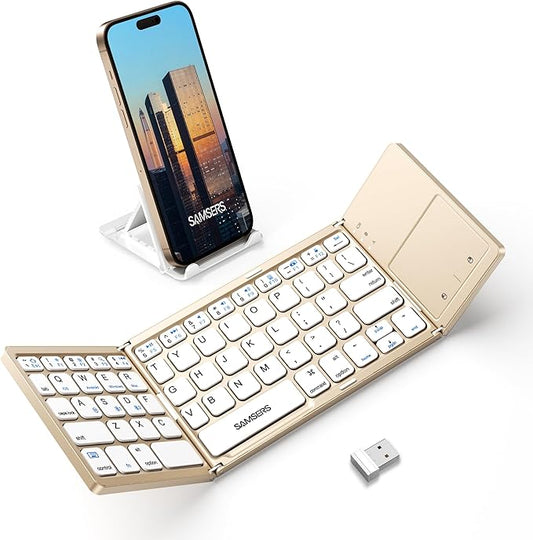 Samsers Multi-Device Foldable Bluetooth Keyboard with Touchpad, Rechargeable Folding Keyboard with Holder, Portable Travel for Android Windows iOS Mac OS, Support 3 Devices - Gold