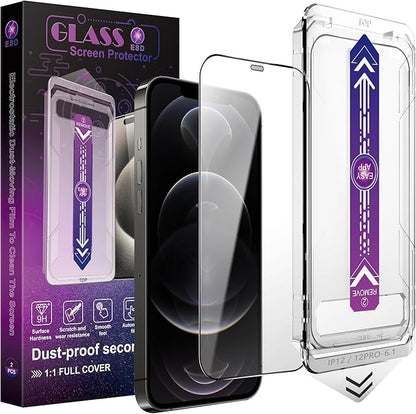 2 Pack Screen Protector for iPhone 12 Pro/iPhon 12, 9H Tempered Glass, Full Coverage, Anti-Fingerprint, Auto Dust-Elimination, No Bubble, Easy Installation