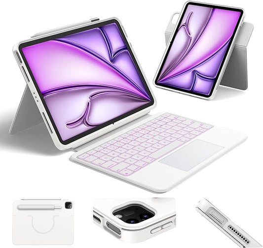 Rotating & Detachable Keyboard Case for iPad Air 11 inch M4/M3/M2,Air 5th/4th gen & iPad Pro 11" 1st/2nd/3rd/4th generation,Adjustable Stand,Stylus Slot,Trackpad,Backlit,Full Protection Cover,White