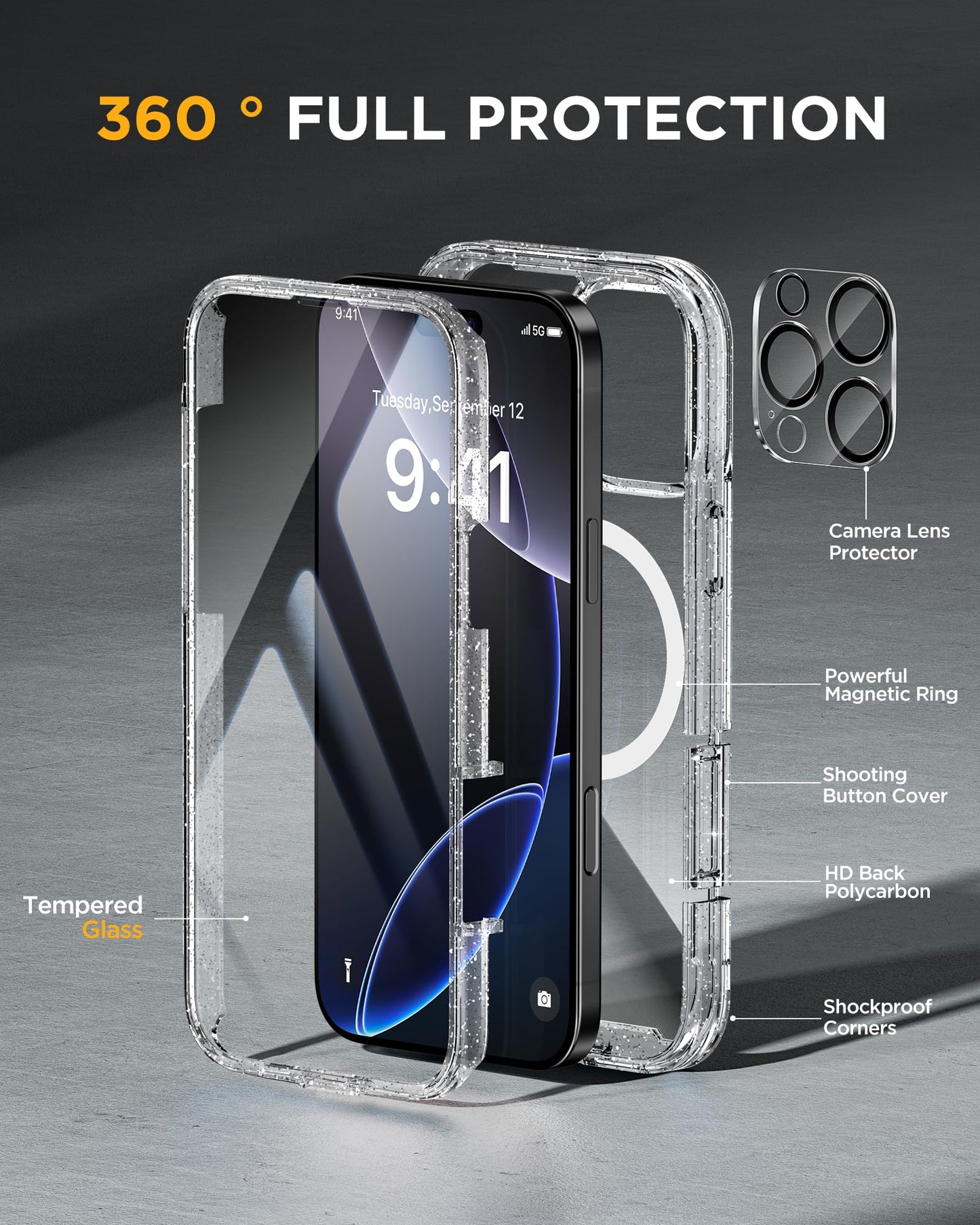 Miracase for iPhone 16 Pro Max Case 6.9'', [Bubble Free] Full-Body Bumper Phone case with Built-in Full Glass Screen &Lens Protector,Compatible with MagSafe,Drop Proof 16 Pro Max Cover,Clear Glitter