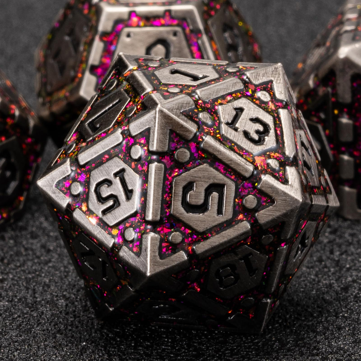 DND Metal Dice Set, Polyhedral Dice Set for RPG D&D Dice with Cracks Dungeons and Dragons Dice Set for RPG TTRPG D&D Die with Gift Case（Silver and Coloured Ink-1） for Ages 15 and Up