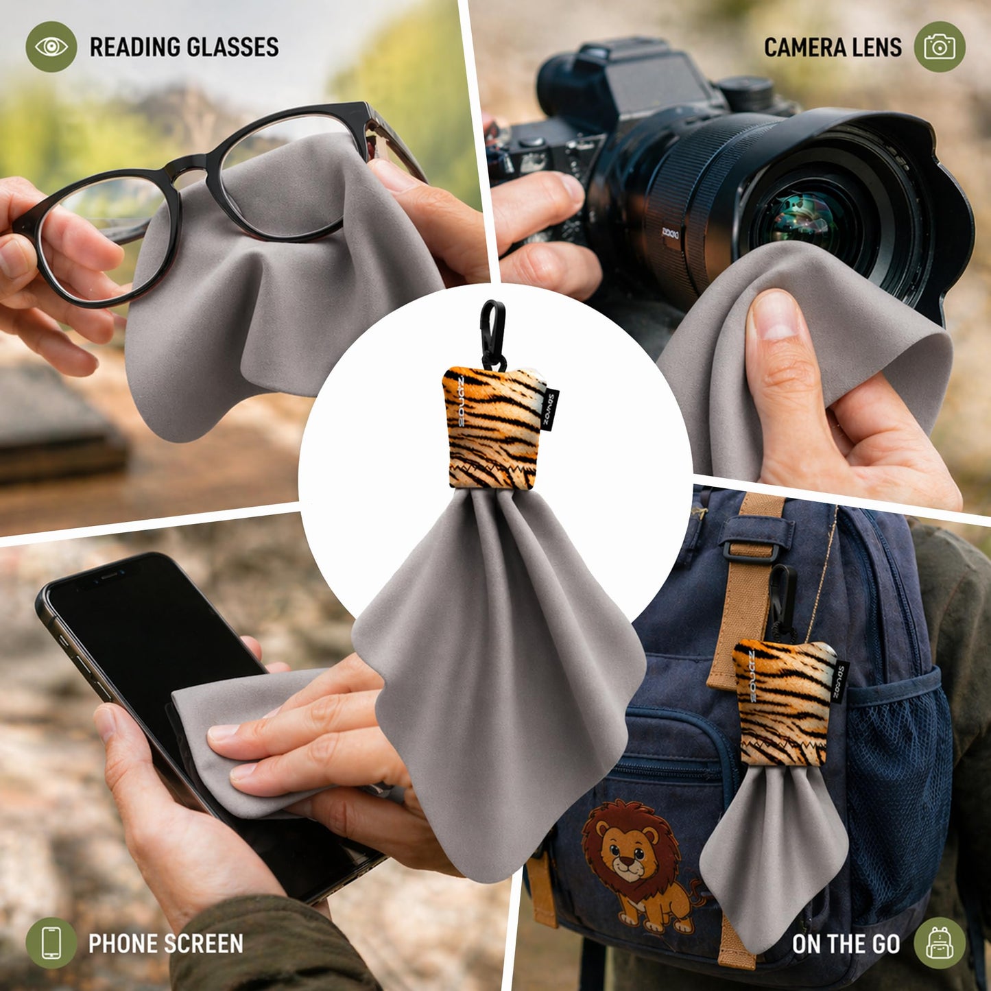 SPUDZ Classic Microfiber Lens Cleaner – Clip-On Pouch, Washable – for Binoculars, Scopes, Glasses, Screens | Classic | Black, 10 x 10 Inch