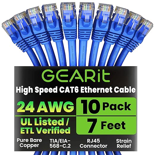 GEARit Cat6 Patch Cables Cat 6 Ethernet Cable 7 ft 10-Pack Blue