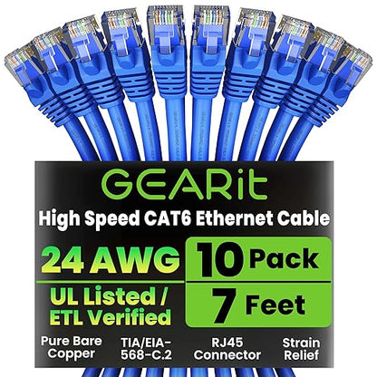 GEARit Cat6 Patch Cables Cat 6 Ethernet Cable 7 ft 10-Pack Blue